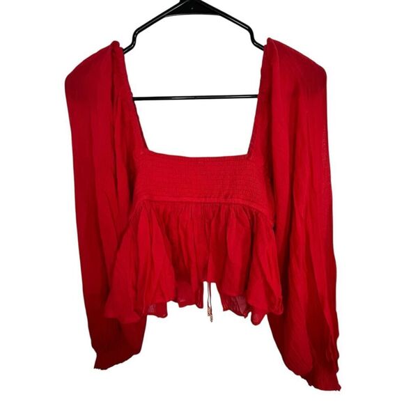 Free People Long Sleeve Cropped Red Carly Blouse With Tie Front - Picture 5 of 6